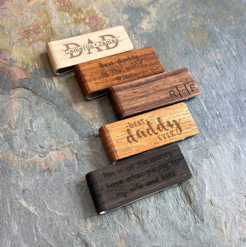 Fathers Day Gift for Him Personalized Wood Money Clip with Custom Engraving for 5th Anniversary Groomsmen Boyfriend Gift for Husband Dad image 1
