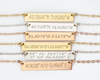 Collar de barra con coordenadas de ubicación personalizadas, collar de latitud y longitud, collar con placa de identificación grabada con coordenadas GPS.