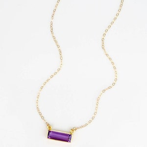 Secret Message engraved bar, Adira Series Dainty Purple Amethyst Bar Necklace, February Birthstone Necklace, Nameplate necklace, baguette image 2