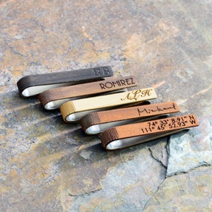 Personalized Wood Tie Clip with Name, Coordinates, InitialsWedding Gift for HimReal Wood Veneer Mens AccessoriesMonogram Groomsman Gift image 2