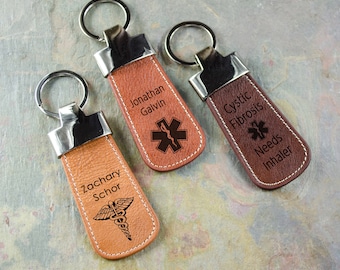 Personalized Medical ID Leather Keychain, Paddle Leather Keychain, Medical Alert Keychain, Personalized Medical ID Genuine Leather Keychain