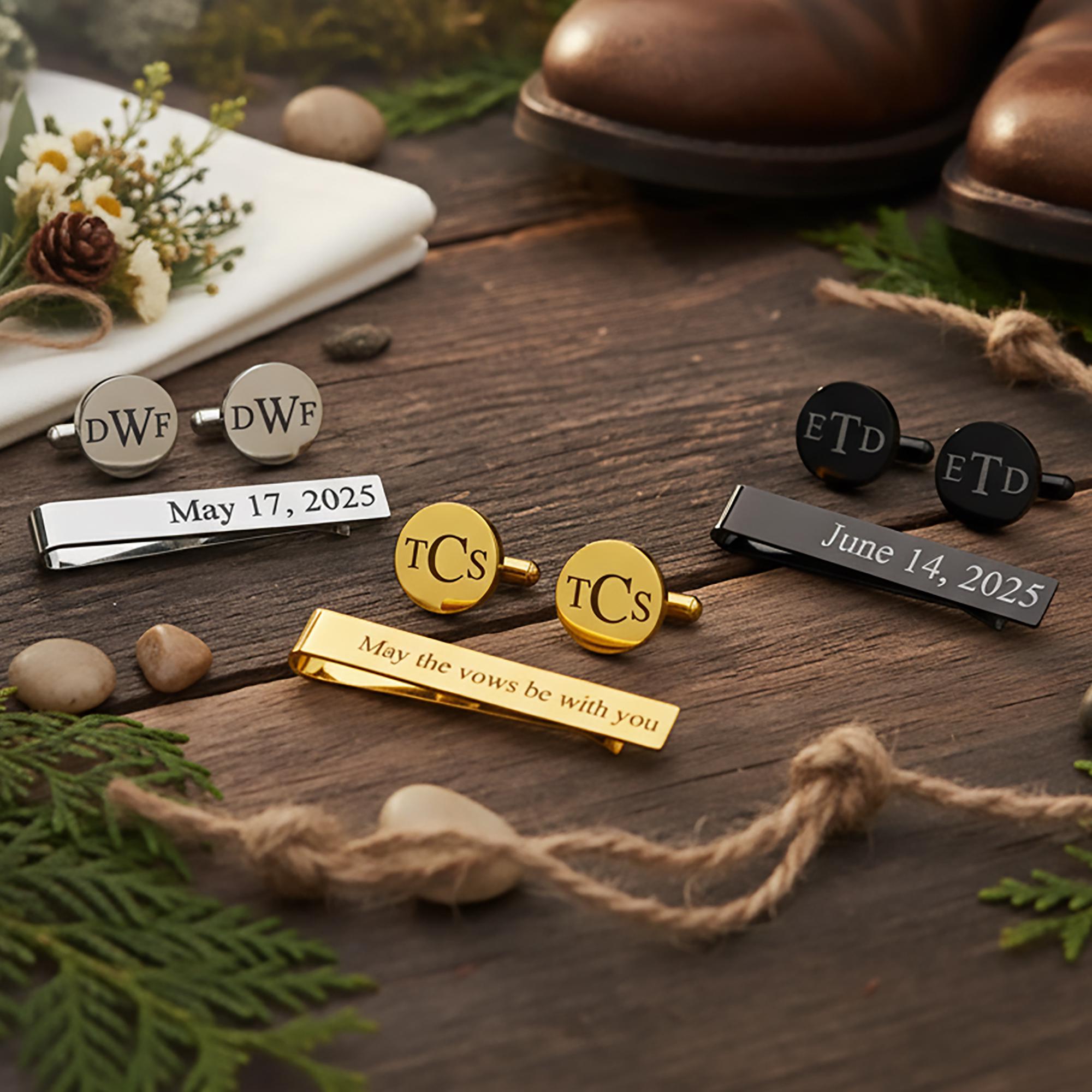 Set Di 4 Gemelli E Fermacravatta Con Iniziali Per Uomo, Accessori Eleganti Con Finitura Lucida, Regalo Per Padre E Sposo - 6