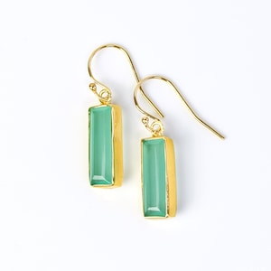 Adira Natural Aqua Chalcedony Bar Drop Earrings, Gold Dangle Earrings, March Birthstone Jewelry, Statement Gemstone Bar Earrings Unique