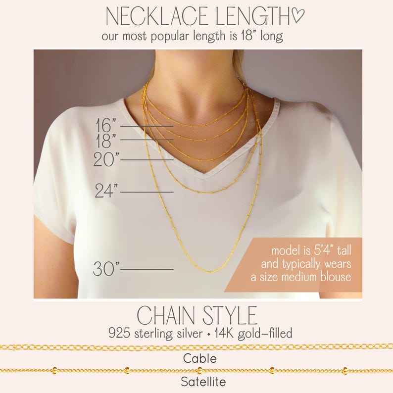 Jewelry sizing chart showing chain lengths for footprint necklaces including 16, 18, 20, 24, and 30 inches, with choices of cable or satellite style chains. Each pendant is engraved with actual baby footprints or handprints, plus optional name and date personalization. Available in sterling silver, 14K gold filled, or rose gold filled. A versatile necklace designed as a push present, new mom gift baby shower keepsake birth announcement jewelry sympathy remembrance necklace for grieving families.