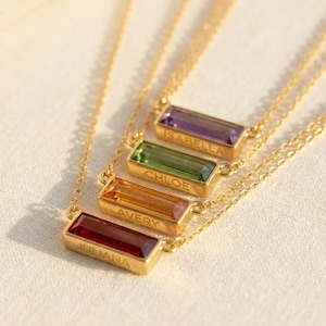 Custom Birthstone Baguette Necklace • Personalized Gemstone Bar Necklace with Secret Engraving, Dainty Gold or Silver Christmas Gift for Mom