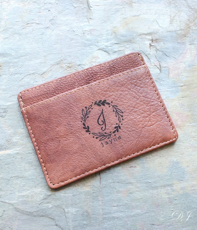 Monogrammed Slim Leather Wallet, Personalized Engraved Cardholder With ...