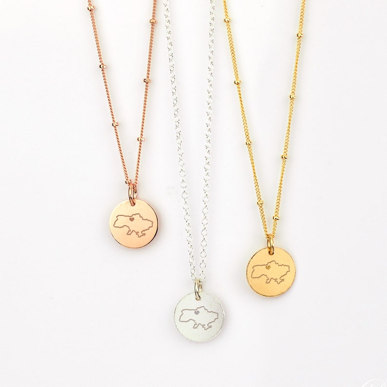 Custom Ukraine Pendant Necklace, Support Ukrainian Refugees, Map of Ukraine Jewelry, Rose Gold Disc Necklace, Pray for Ukraine, Personalized Heart Jewelry