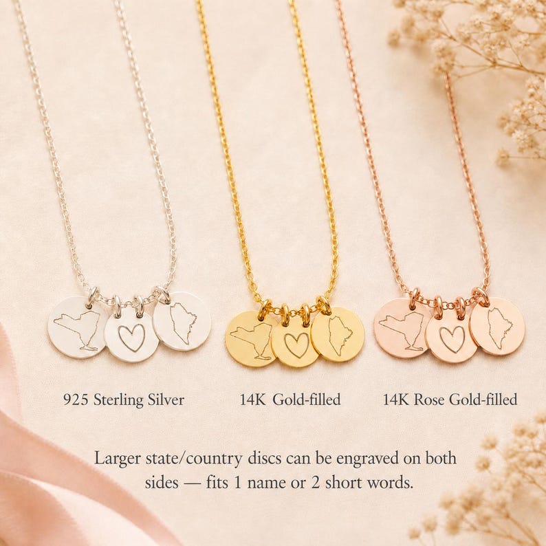 Two state necklace available in sterling silver, 14K gold-filled, and rose gold-filled.