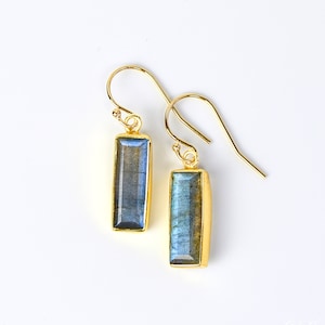 Adira Labradorite Bar Drop Earrings, Gold Dangle Earrings, Birthstone Statement Gemstone Bar Earrings, Unique vertical bar blue labradorite