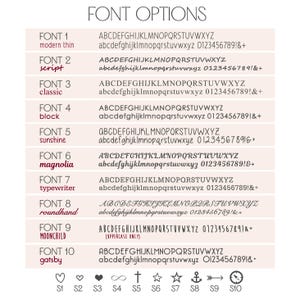 Font options chart for personalized pet jewelry engraving, featuring 10 unique fonts like modern thin, script, block, and typewriter, along with symbols for heart, paw print, star, and infinity. Ideal for customizing dog name necklaces, cat memorial jewelry, or pet adoption keepsakes. Choose your favorite style to make your pet’s name truly special on a gold, silver, or rose gold nameplate necklace. Custom font selection for engraved gifts for pet lovers.