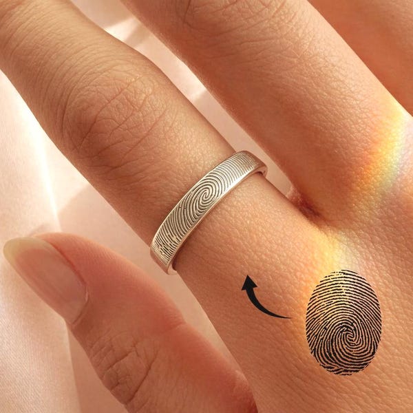 Custom Fingerprint Ring, Personalized Thumbprint Ring, Memorial Ring, Fingerprint Jewelry, Valentine Gift for Him or Her, 4mm Band