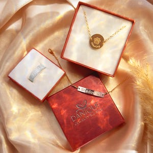 Personalized pet jewelry gift set from Danique Jewelry featuring custom dog nose ring in sterling silver, engraved disc pendant necklace with paw print and pet’s name, and gold filled nameplate bar pendant bracelet with paw print engraving. Unique pet memorial and keepsake jewelry for dog moms, cat lovers, and pet owners. Handmade and custom engraved, perfect for birthdays, anniversaries, remembrance gifts. Beautifully packaged in red Danique Jewelry gift boxes, available in rose gold or silver.