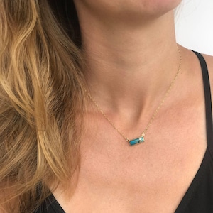 Adira Copper Turquoise Bar Necklace, Dainty Gold Gemstone Bar Necklace, Wedding and Bridesmaids Jewelry, Statement Turquoise baguette bar