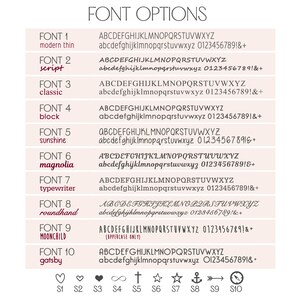 Font options chart for personalized jewelry engraving showing 10 unique font styles and symbols available for custom necklaces, rings, and bracelets. Fonts include modern thin, script, classic, block, sunshine, magnolia, typewriter, roundhand, moonchild uppercase, and gatsby, each with uppercase, lowercase, and numbers. At the bottom are engraving symbols like heart, infinity, cross, star, anchor, and arrow, allowing customers to fully customize their jewelry gift with meaningful details.