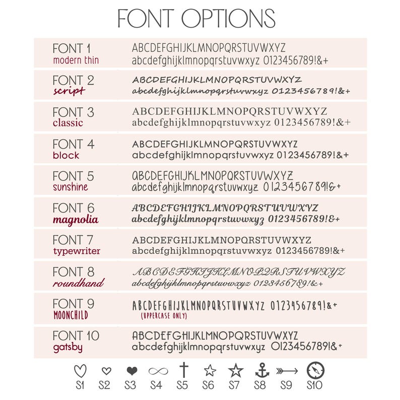 Font options chart for personalized jewelry engraving showing 10 unique font styles and symbols available for custom necklaces, rings, and bracelets. Fonts include modern thin, script, classic, block, sunshine, magnolia, typewriter, roundhand, moonchild uppercase, and gatsby, each with uppercase, lowercase, and numbers. At the bottom are engraving symbols like heart, infinity, cross, star, anchor, and arrow, allowing customers to fully customize their jewelry gift with meaningful details.
