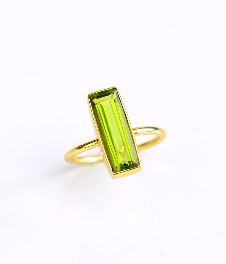 Peridot Bar Ring, August Birthstone Ring, Geometric Ring Modern Ring, Gemstone Vertical Bar Ring August Birthday gift Adira Ring baguette image 2