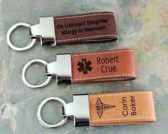 Medical ID Engraved Leather Keychain, Customized Medical ID Keychain, Personalized ID tag for Medical Emergency, Emergency Contact Keychain