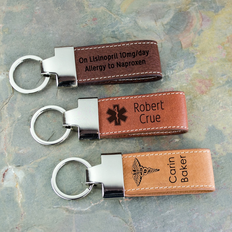 Internal Medical Keychains Medical ID Engraved Leather Keychain, Customized Medical ID Keychain ...