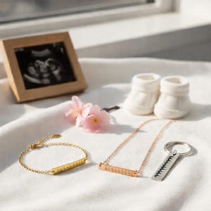 Flatlay of personalized heartbeat jewelry collection including engraved bar necklaces, bracelet, and keychain displayed with ultrasound photo and gemstone charms. Custom keepsake jewelry for moms, pregnancy announcement gifts, push presents, or miscarriage remembrance.