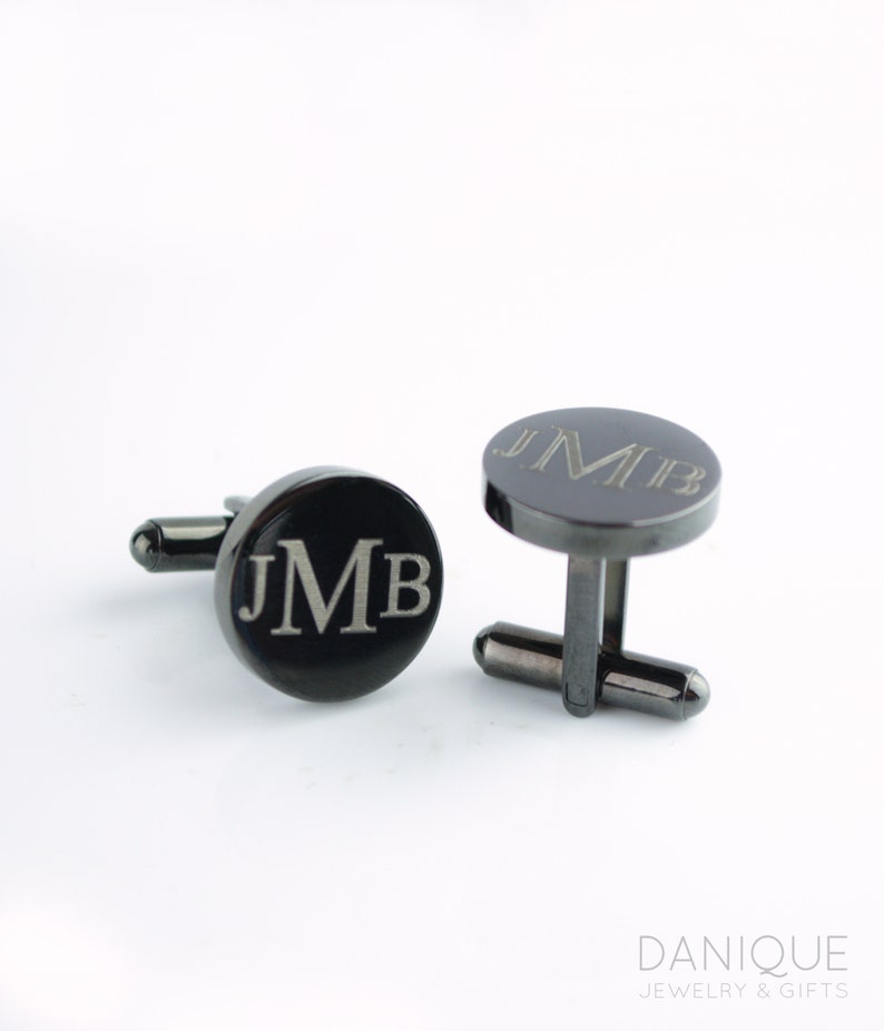 Black circular stainless steel cufflinks with J M B in Monogram 1 Timeless. Wedding Present Ideas, Something New, Wedding Favor, Formal Wedding Attire, Handmade Wedding Gift, Unique Gift for Groom, Personalized Cufflinks, Engraved Initial Cufflinks