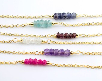 Gemstone Bar Necklaces, Dainty Gemstone Necklace, Bead Bar Necklace, Gold Birthstone Necklace, 14k Gold Filled, layered choker necklace