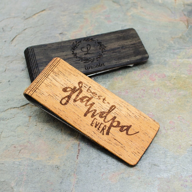 Custom Engraved Wood Money Clip for HimMothers Day Gift GroomsmenBest Grandpa's Gift for DadReal Handwriting EngravingWalnut Mahogany image 2