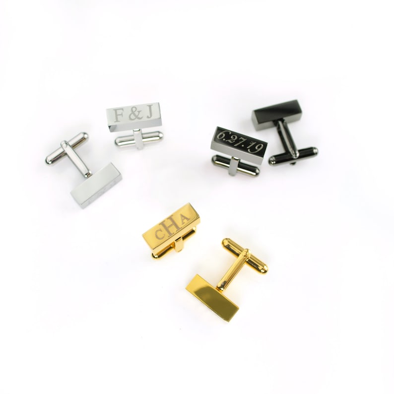 3D bar cufflinks all made in stainless steel available in black, gold or silver colors. Different fonts and designs are displayed from initials to dates. Fathers day gift, evening wear for men, date night gift for him, formal wear, Bachelor Party