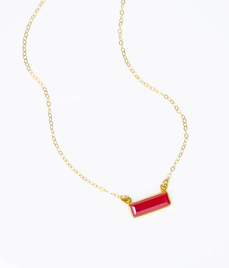 Ruby Bar Necklace Birthstone for July, Custom Name Necklace Personalized, Dainty Gold Gemstone Bar Necklace, Adira Series, Baguette Bar image 2