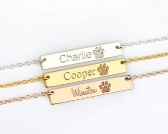 Custom Gift for Dog Lover, paw print necklace, pet memorial, pet necklace Dog necklace personalized personalized bar necklace gold cat lover