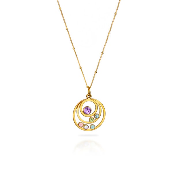 Three Generations Orbital Birthstone Necklace, Geometric Rings Mothers Day Gift gift for Grandmother for Mom Custom Bezel Set Birthstones
