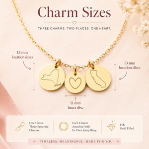 Two state necklace charm size guide showing location discs and heart charm measurements.