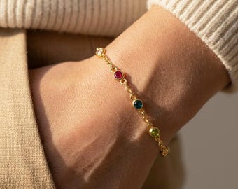 Aangepaste geboortesteenarmband voor moeder of oma • Gepersonaliseerde minimalistische stationsarmband, verstelbaar 925 sterlingzilveren familiesieraden [ST]