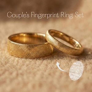 Conjunto de anillos personalizados con huellas dactilares para parejas / Alianzas de boda personalizadas / Anillos grabados de plata de ley / Conjunto de anillos de promesa / Regalo de aniversario