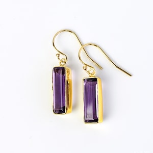 Adira Purple Amethyst Bar Drop Earrings Gold Dangle Earrings February Birthstone Jewelry Statement Gemstone Bar Earrings Unique vertical bar