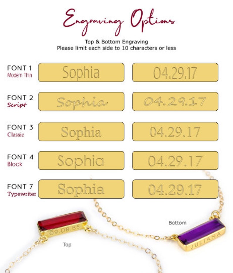 Sophia written in several fonts. Modern Thin, Script, Classic, Block, Typewriter. Engrave, customize and personalize your necklaces with any of these options! Custom pendant, personalized necklace, gem necklace, bar necklace, birthstone jewelry