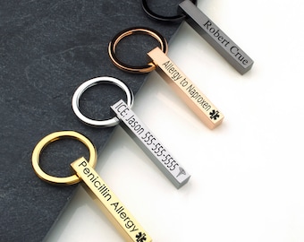 Personalized 3D Bar Keychain, Medical ID Bar Keychain, Medical ID 3D Bag Tag, Engraved Prescription Keychain for Emergency First Responders