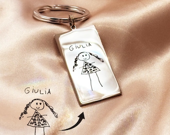 Porte-clés dessin pour enfants, oeuvre d'art personnalisée pour enfant, cadeau souvenir de famille pour maman ou papa, gravure personnalisée, cadeau de Noël, écriture manuscrite, porte-clé