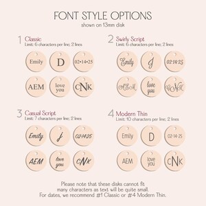 Font style options for engraving names, coordinates, initials, or short words on necklace charms.