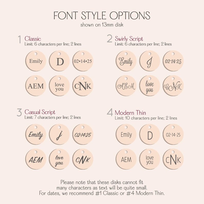 Font style options for engraving names, coordinates, initials, or short words on necklace charms.