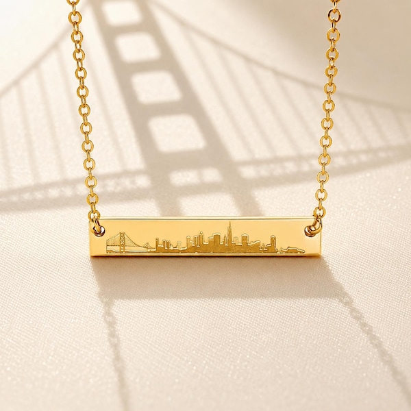 Collar con barra y horizonte de ciudad personalizado • Ciudad natal, San Francisco, Nueva York, París • Plata de ley 925 u oro • Regalo de viaje personalizado para mujer