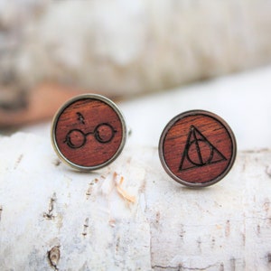 Harry Potter Fan Cufflinks, Engraved Wooden Cufflinks, Boyfriend Husband Gift Monogram Wooden Personalized Cuff Links, Themed Wedding Gifts