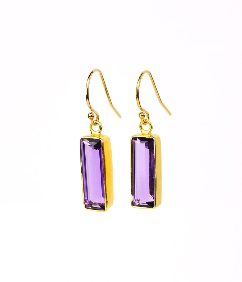 Adira Purple Amethyst Bar Drop Earrings Gold Dangle Earrings February Birthstone Jewelry Statement Gemstone Bar Earrings Unique vertical bar image 3