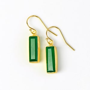 Adira Green Onyx Bar Drop Earrings, Gold Dangle Earrings, May Birthstone Jewelry Gemstone Bar Earrings baguette earring vertical bar emerald