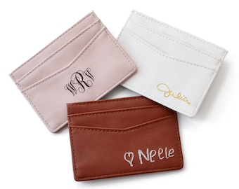 Monogrammed Slim Leather Card Holder for Her or Him, Ivory Dusty Rose PU Leather, Personalized Leather Cardholder Monogram or Handwriting