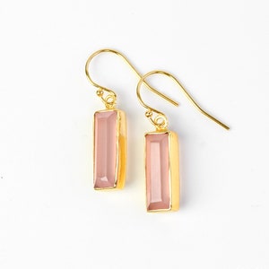 Adira Natural Pink Chalcedony Bar Drop Earrings, Gold Dangle Earrings, October Birthstone Jewelry, Statement Gemstone Bar Earrings Unique