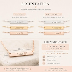 Orientation guide showing centered and right-oriented engraving options for custom pet name bar necklace.