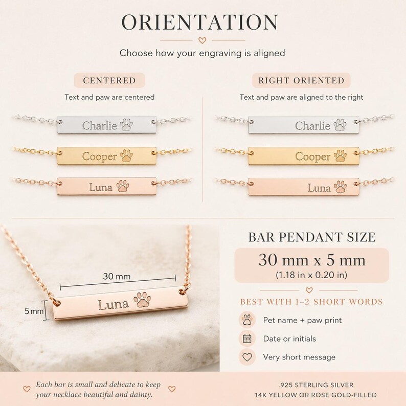 Orientation guide showing centered and right-oriented engraving options for custom pet name bar necklace.