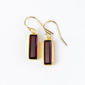 Adira Garnet Bar Drop Earrings, Gold Dangle Earrings, January Birthstone Jewelry Statement Gemstone Bar Earrings Unique vertical bar garnet