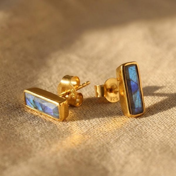 Labradorite Stud Earrings, Tiny Bar Studs, Dainty Gemstone Earrings, Gold Vermeil or Sterling Silver, Minimalist Mothers Day Gift for Her