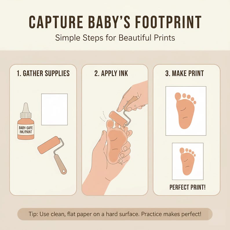 Instruction guide image showing how to submit baby footprints or handprints for engraving, featuring pink painted baby foot and prints on white paper. Text explains how to send images via Etsy or email for the best engraving results. Each necklace is custom made with footprints or handprints engraved onto sterling silver, gold, or rose gold pendants. A unique way to transform a baby’s prints into keepsake jewelry for new moms, baby showers, push presents memorial remembrance gifts honoring loss.